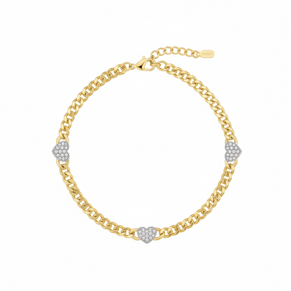 Gold-plated Sterling Silver Cuban Chain With Three Micropave Hearts Bracelet