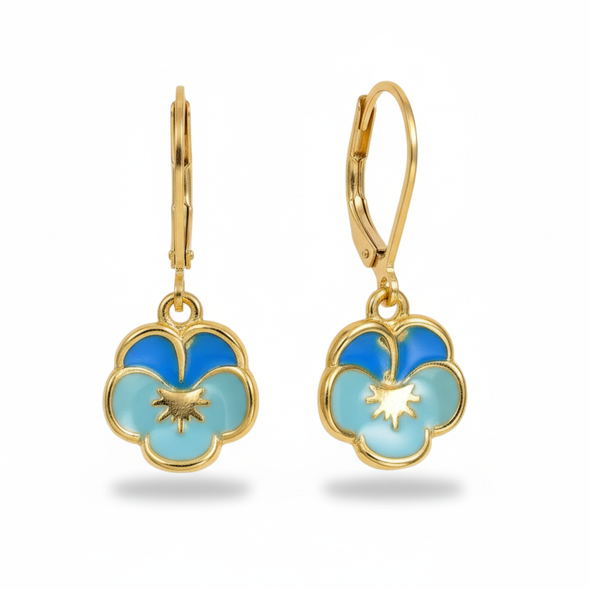 Colorful Enamel Pansy Flower Surgical Steel Leverback Earrings - Hypoallergenic Kids Jewelry