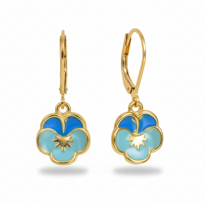 Colorful Enamel Pansy Flower Surgical Steel Leverback Earrings - Hypoallergenic Kids Jewelry