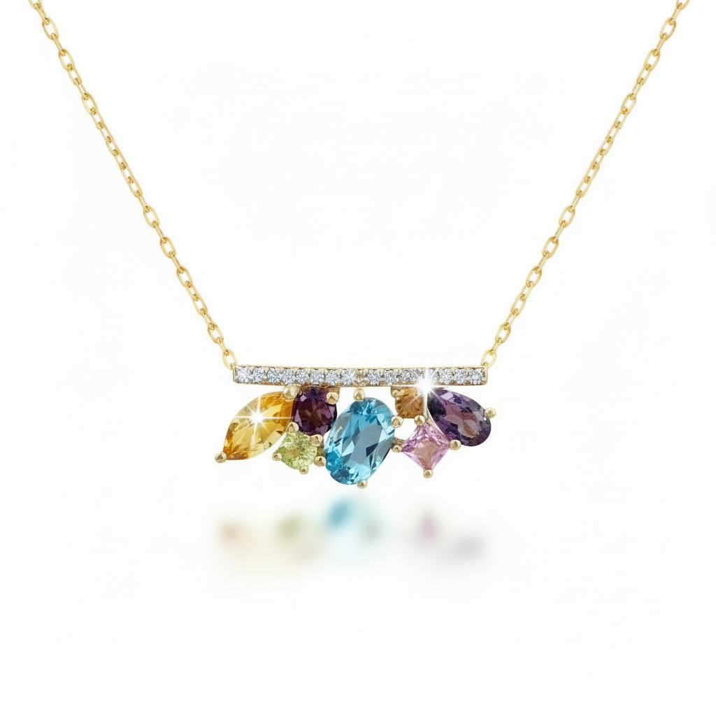 10k Gold Multicolor Gemstone Diamond Bar Necklace