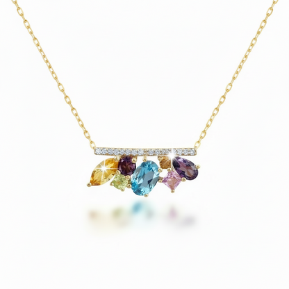 10k Gold Multicolor Gemstone Diamond Bar Necklace