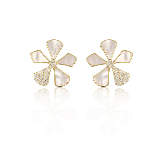 Sterling Silver Gold Plated Mother of Pearl And CZ Five Petal Flower Stud Earrings