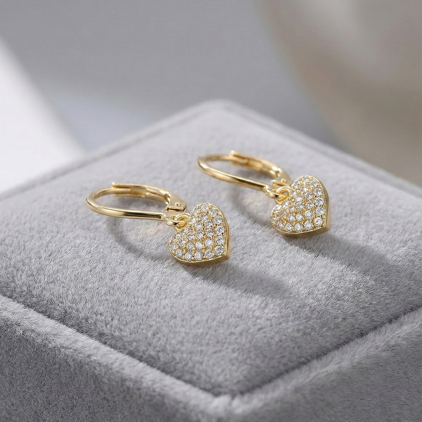 Pavé Heart Earrings - Hypoallergenic Surgical Steel Gold Plated Cubic Zirconia Leverback Earrings