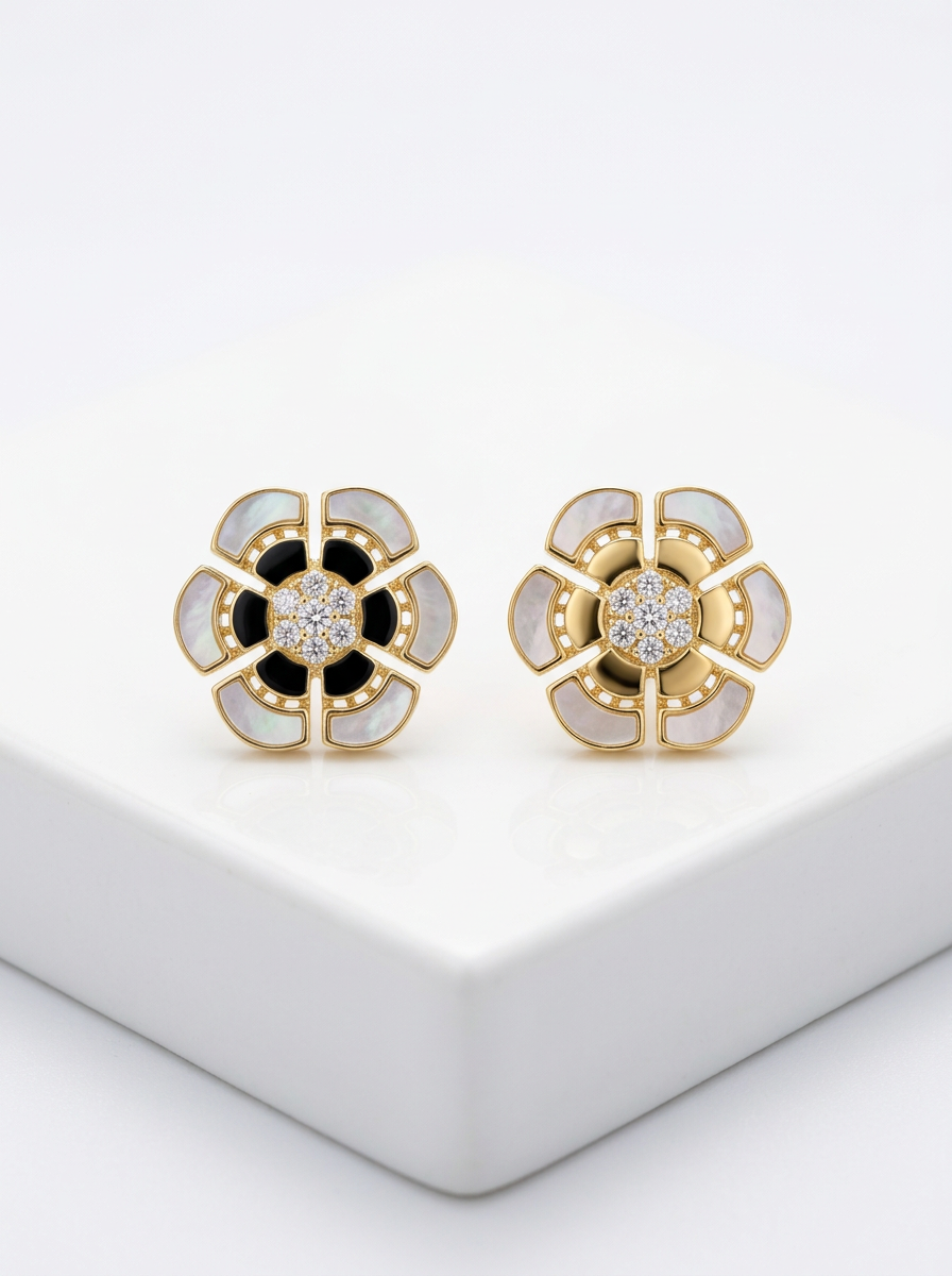 Sterling Silver Mother of Pearl With CZ Stud Earrings