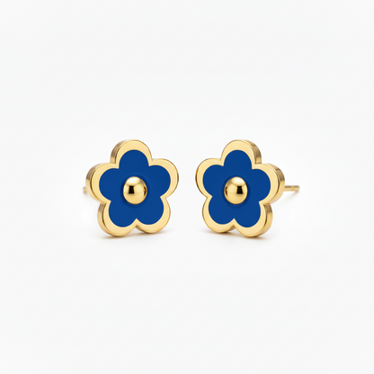 Gold-Plated Enamel Flower Stud Earrings with Center Circle - Hypoallergenic Surgical Steel Kids