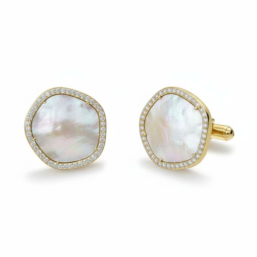 Sterling Silver CZ Border Mother of Pearl 22mm Cufflinks