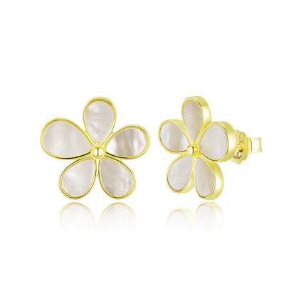 Sterling Silver Gold Plated Mother Of Pearl Flower Stud Earring
