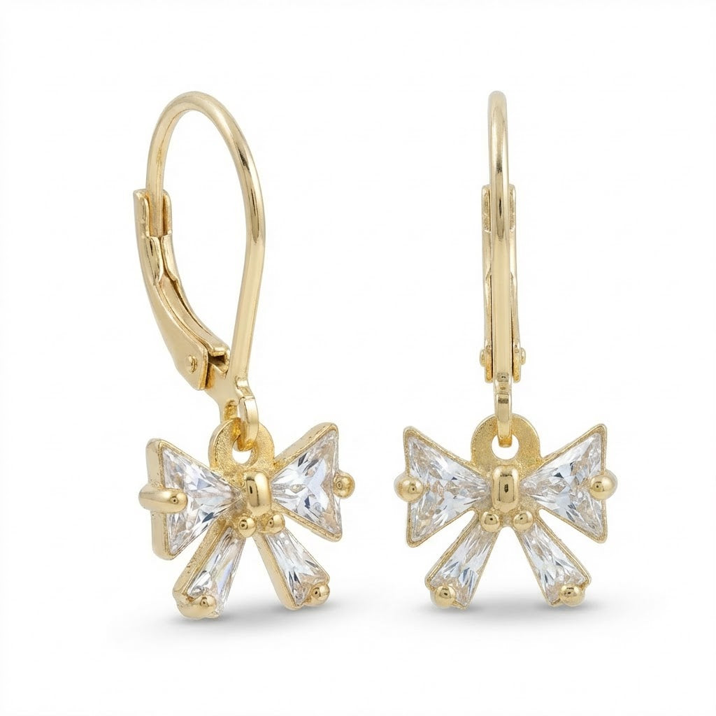 Bowknot Earrings with Triangle and Baguette CZ - Kids & Teens Surgical Steel