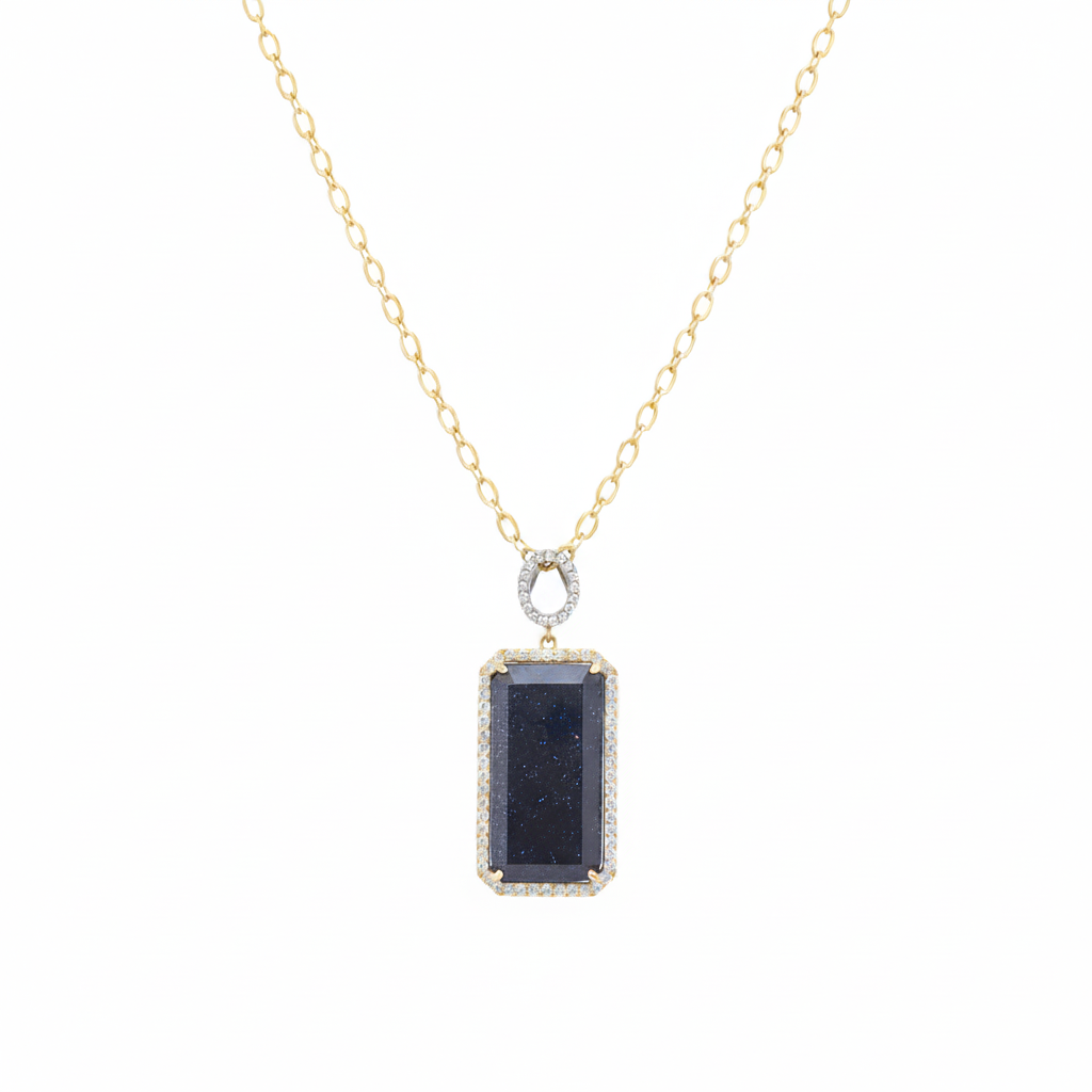 Gold Plated Blue Sandstone Rectangle Pendant Necklace