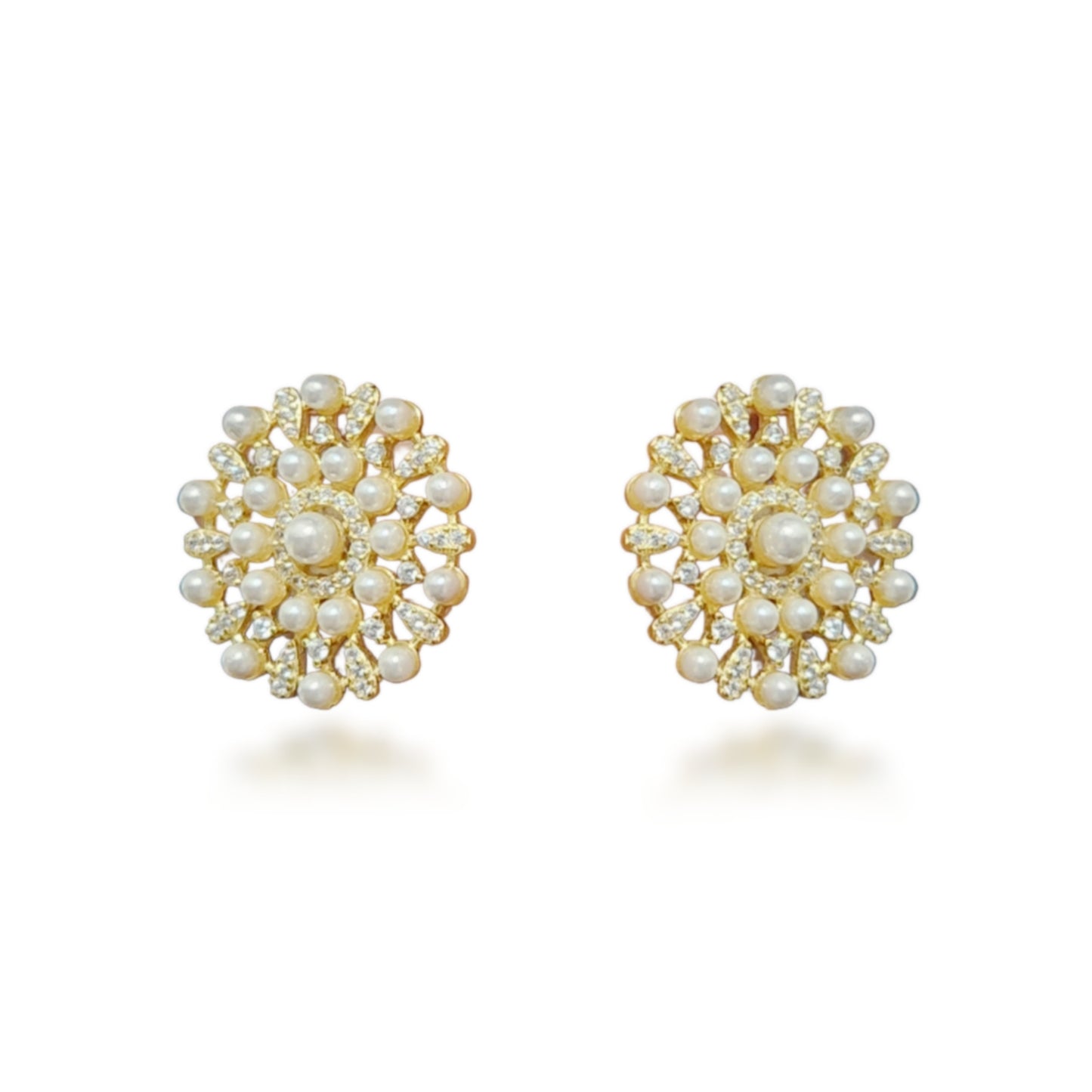 Sterling Silver Gold Plated Pearl And CZ Design Stud Earrings