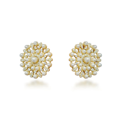 Sterling Silver Gold Plated Pearl And CZ Design Stud Earrings