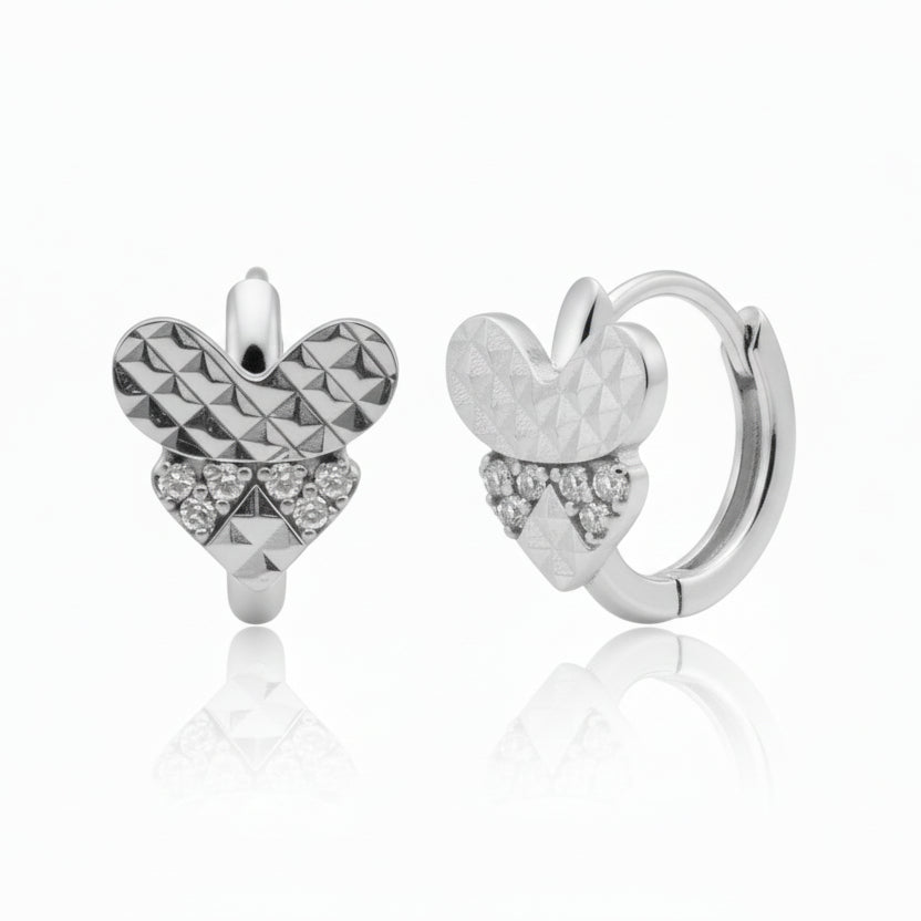 14K Gold Diamond Cut Heart CZ Huggie Earrings