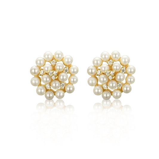 Surgical Steel Gold Plated Pearl With CZ Cluster Stud Earrings