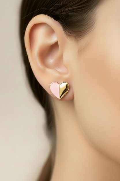 Gold-Plated Half Enamel Heart Stud Earrings - Hypoallergenic Surgical Steel Kids