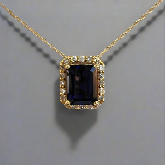 10k Gold Diamond and Iolite Rectangular Necklace