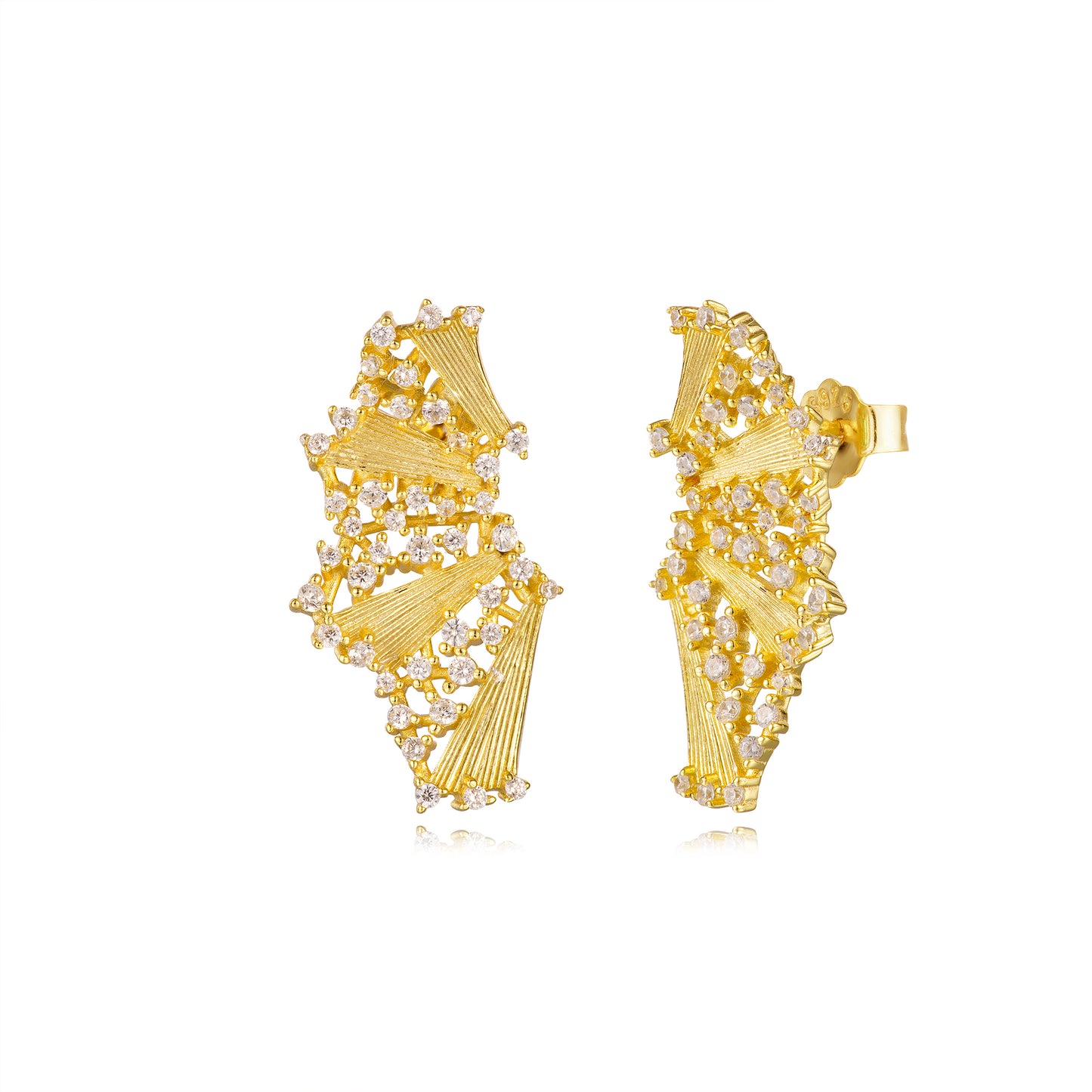 Sterling Silver Gold Plated Cascading Fan With CZ Stud Earrings