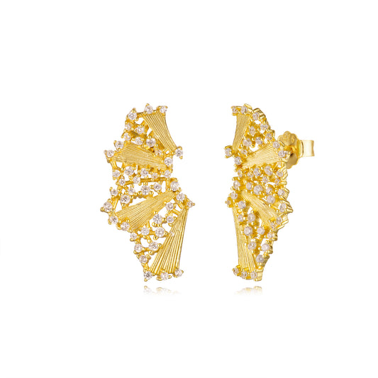 Sterling Silver Gold Plated Cascading Fan With CZ Stud Earrings