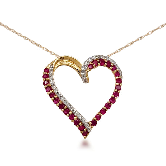 14K Gold Diamond and Ruby Heart Necklace