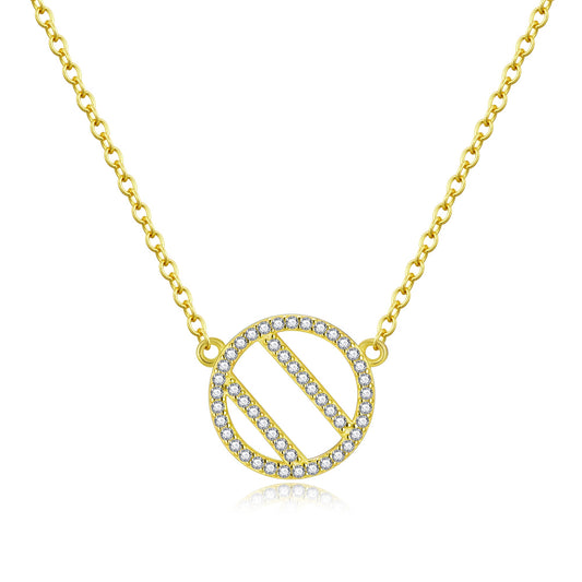 Sterling Silver Diagonal Stripe Circle Necklace - CZ Pendant