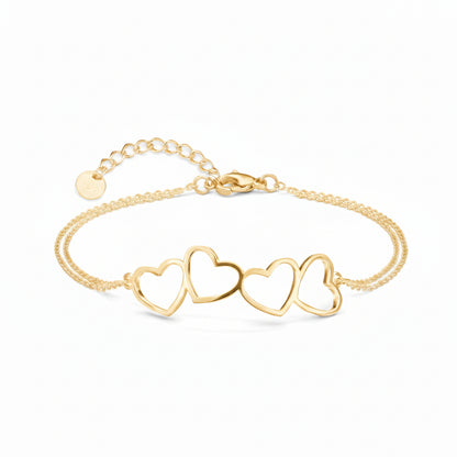 Gold Plated Sterling Silver Four Heart Double Chain Bracelet