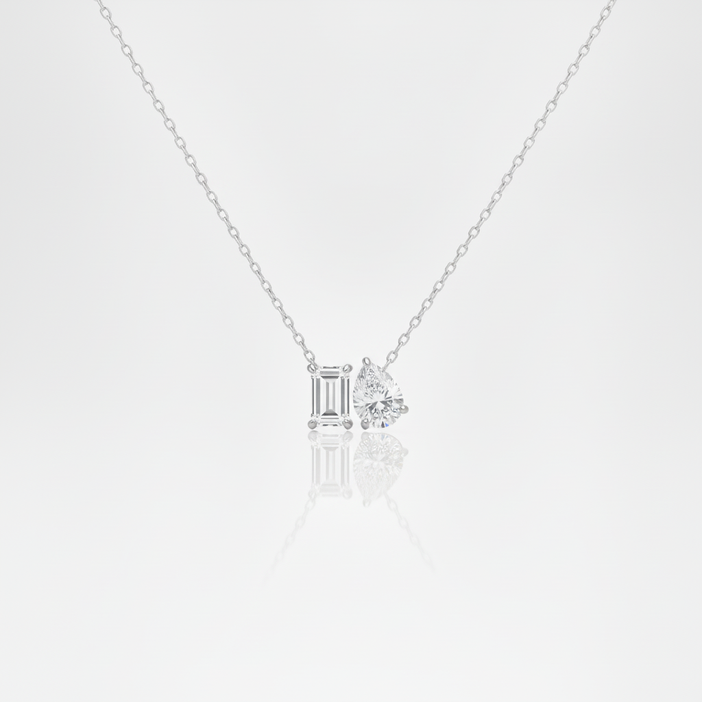 14K Emerald Cut and Pear Shaped Two Stone Lab Grown Diamond Necklace