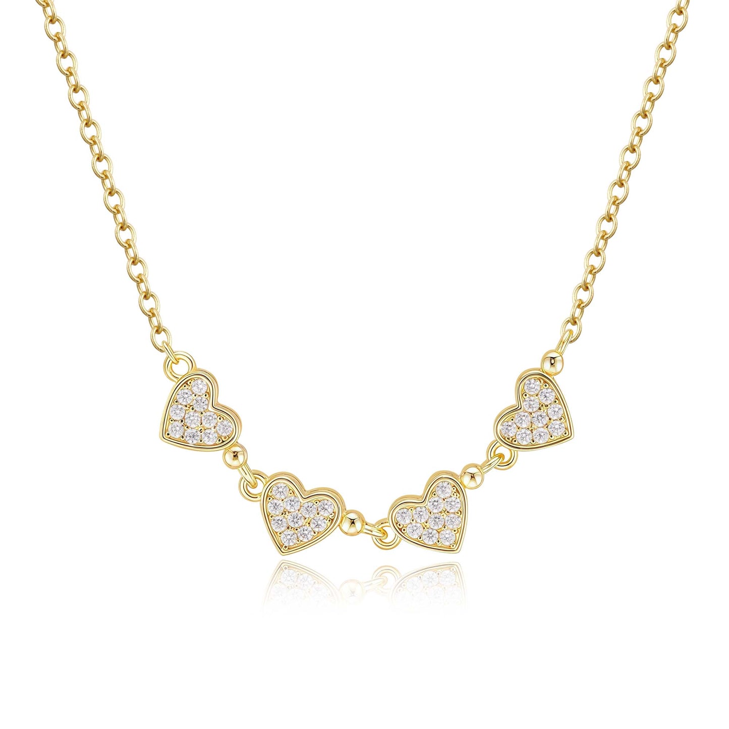 Gold Plated Sterling Silver Four Heart Micropave CZ Necklace