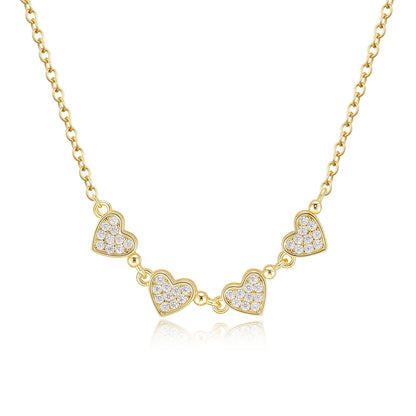 Gold Plated Sterling Silver Four Heart Micropave CZ Necklace