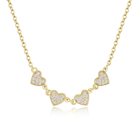 Gold Plated Sterling Silver Four Heart Micropave CZ Necklace