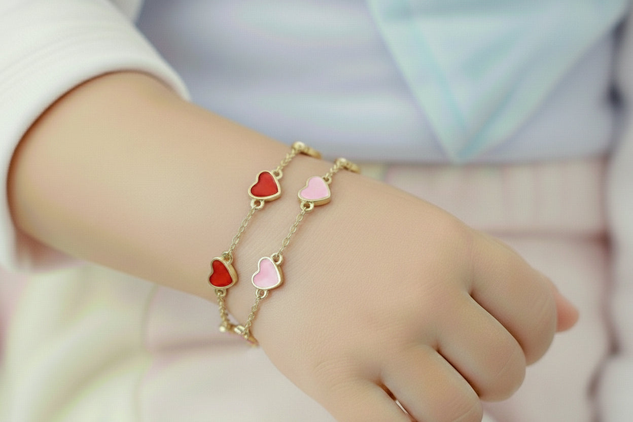 Gold Plated Sterling Silver Red Or Pink Enamel Heart Station Bracelet