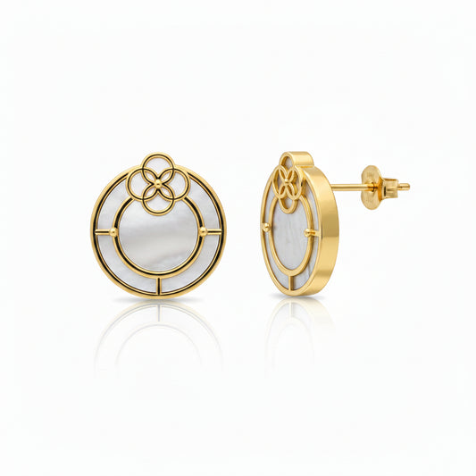 Gold Plated Sterling Silver Round Mother of Pearl Floral Overlay Stud Earrings