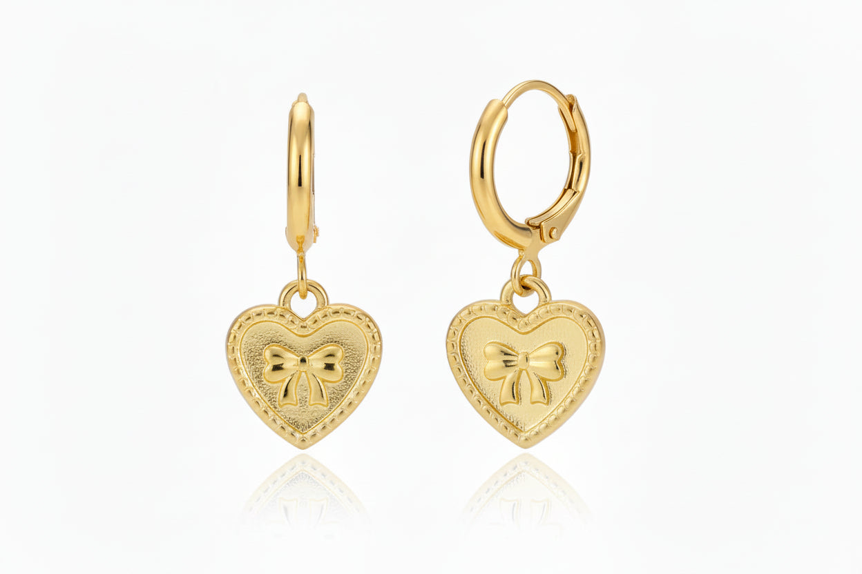 Gold Plated Heart with Bow Leverback Earrings