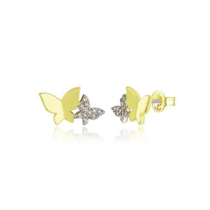 Titanium Post Two Tone Double Butterfly CZ Stud Earring