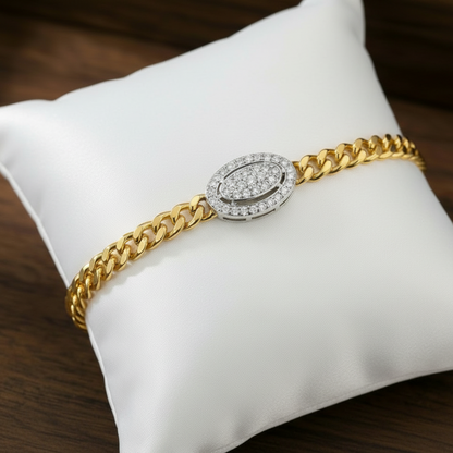 Micropave Oval Cuban Curb Chain Bracelet - Gold Plated Silver 6" + 1"