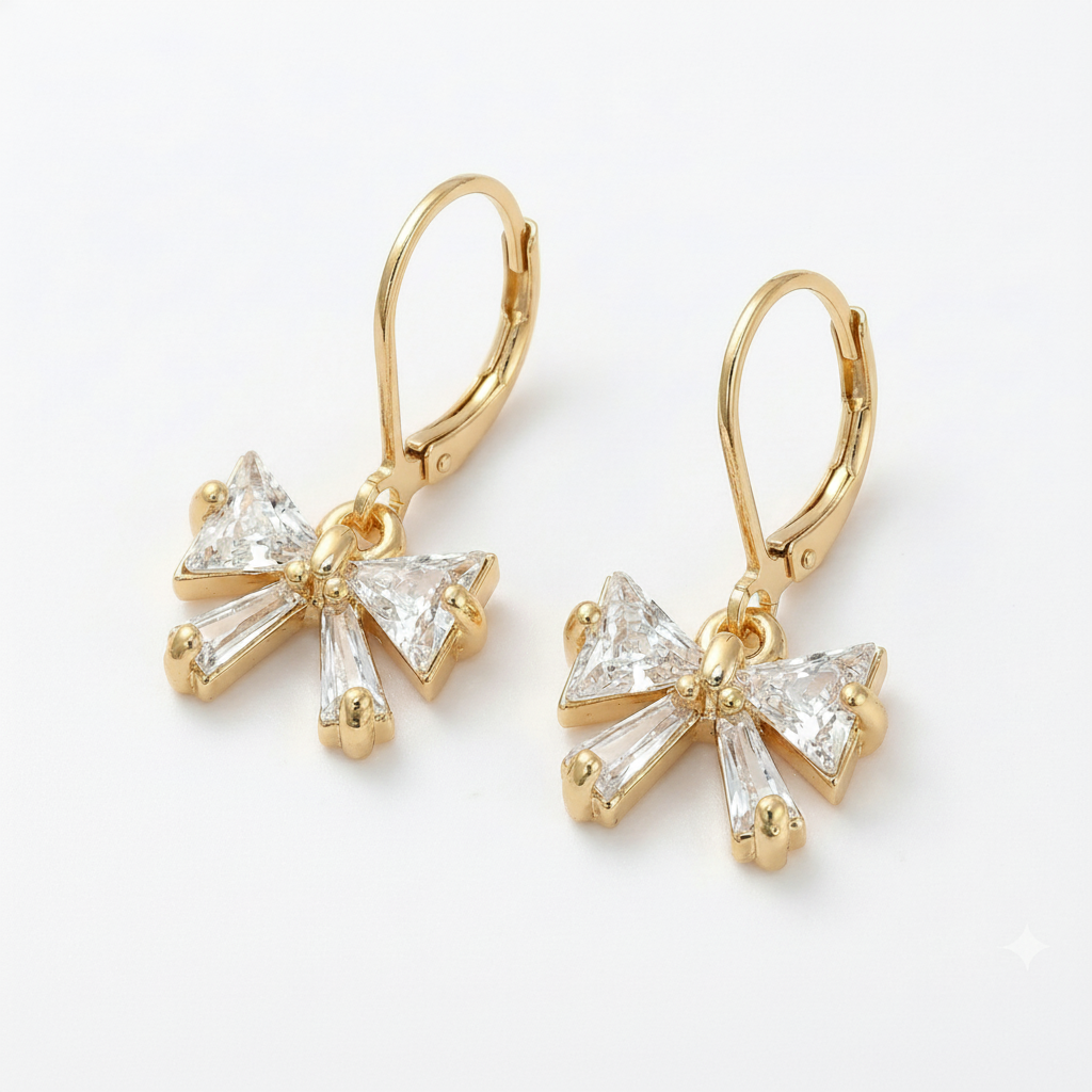 Gold Plated Cubic Zirconia Bow Leverback Earrings