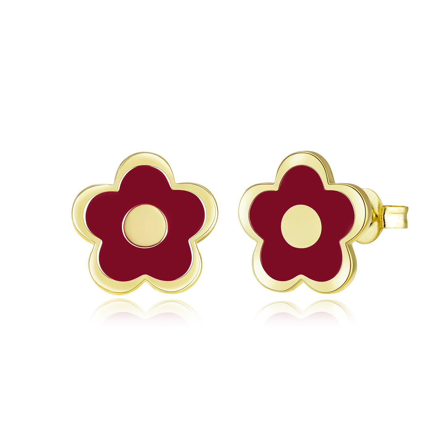 Gold-Plated Enamel Flower Stud Earrings with Center Circle - Hypoallergenic Surgical Steel Kids