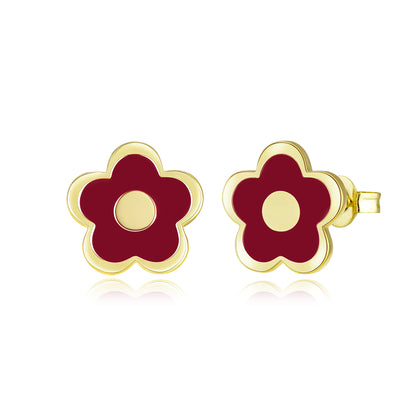 Gold-Plated Enamel Flower Stud Earrings with Center Circle - Hypoallergenic Surgical Steel Kids
