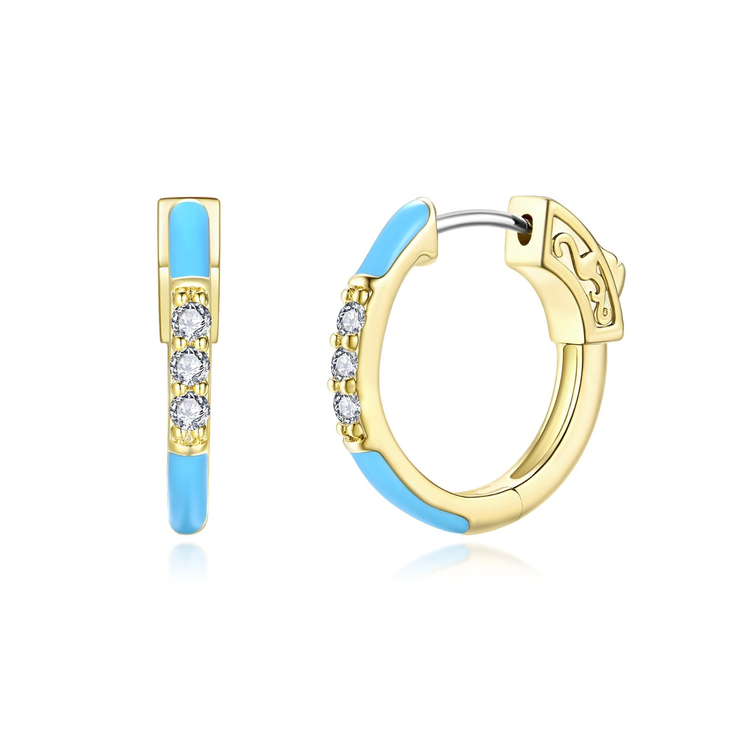 Surgical Steel Gold Plated Round CZ and Enamel Hoop Earrings