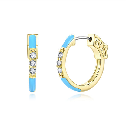 Surgical Steel Gold Plated Round CZ and Enamel Hoop Earrings