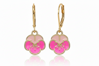 Colorful Enamel Pansy Flower Surgical Steel Leverback Earrings - Hypoallergenic Kids Jewelry