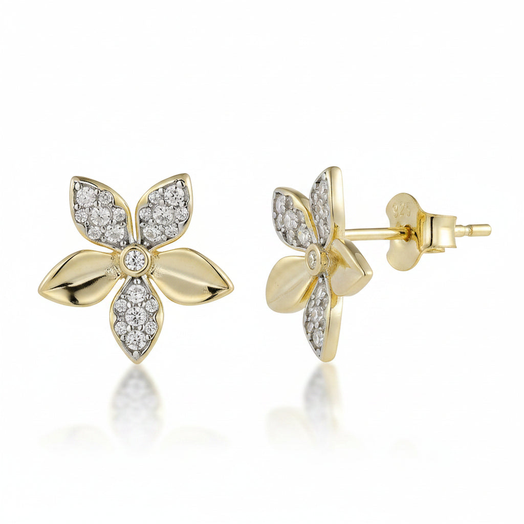 Sterling Silver Gold Plated Flower With CZ Stud Earrings
