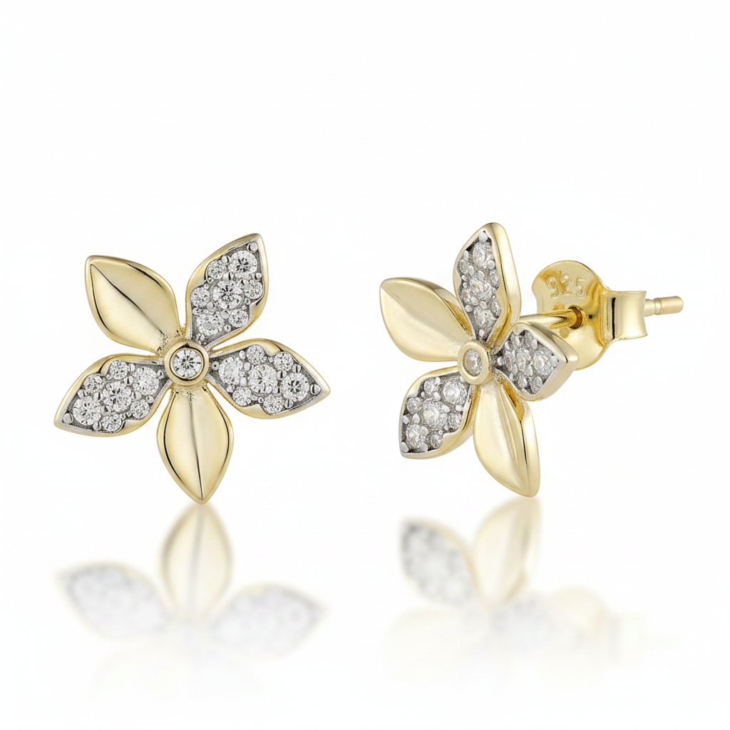 Sterling Silver Gold Plated Flower With CZ Stud Earrings