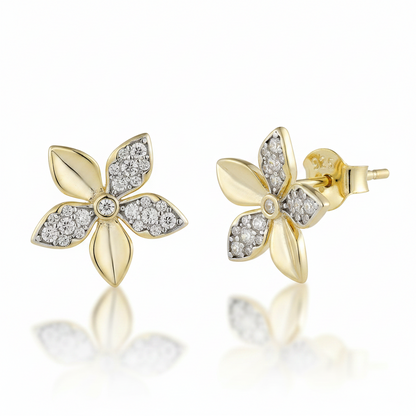 Sterling Silver Gold Plated Flower With CZ Stud Earrings