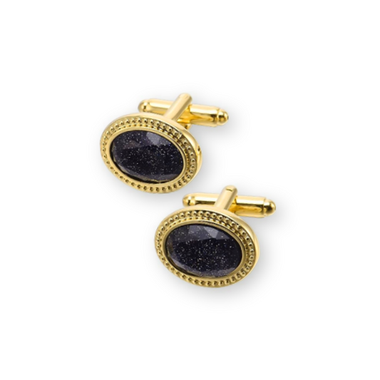 Gold-plated Oval Cufflinks with Sparkled Navy Center Stone
