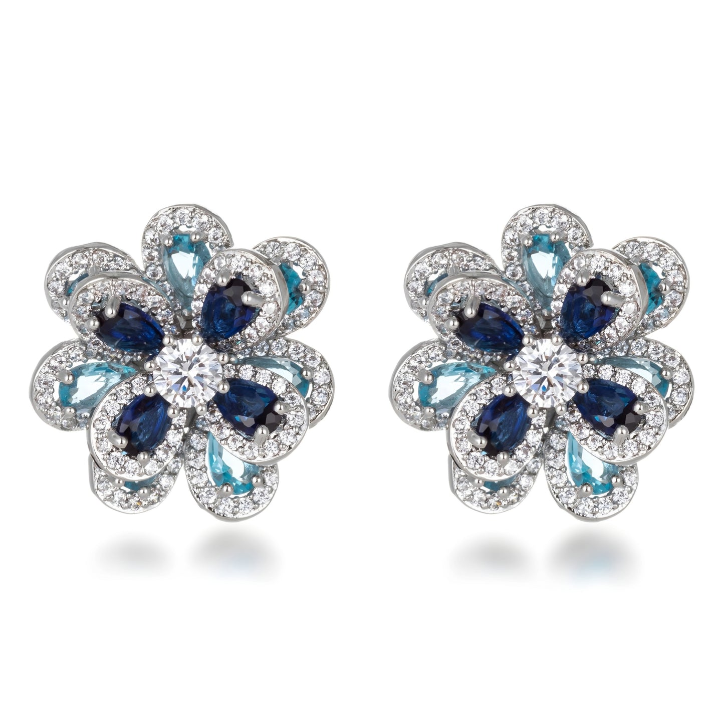 Sterling Silver Blue Mix Large Flower CZ Stud Earring