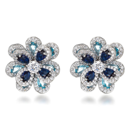 Sterling Silver Blue Mix Large Flower CZ Stud Earring