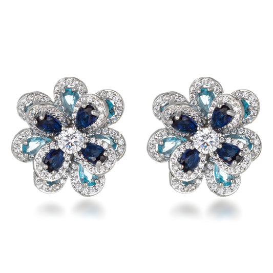 Sterling Silver Blue Mix Large Flower CZ Stud Earring
