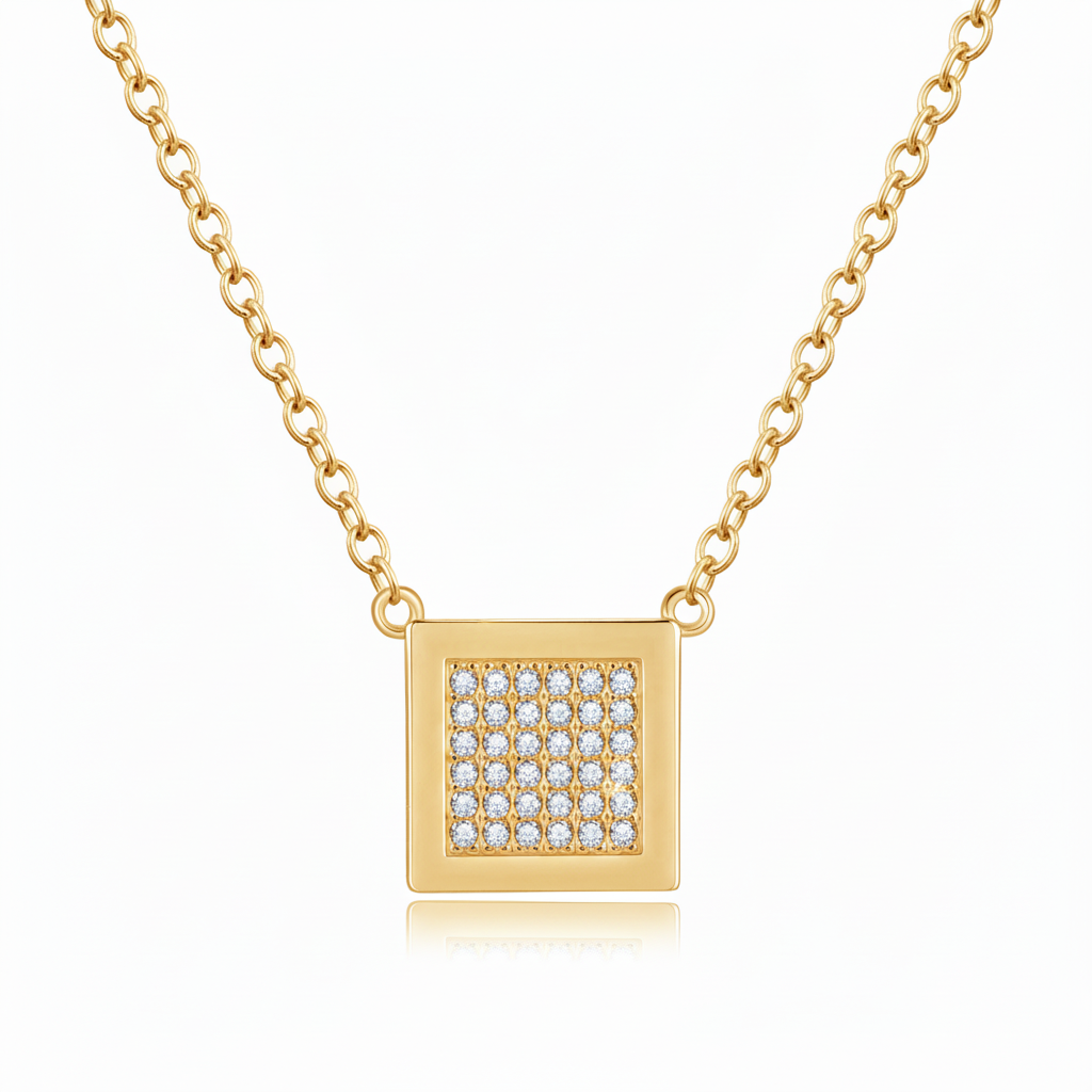Gold Plated Sterling Silver Pave Cubic Zirconia Square Pendant Necklace