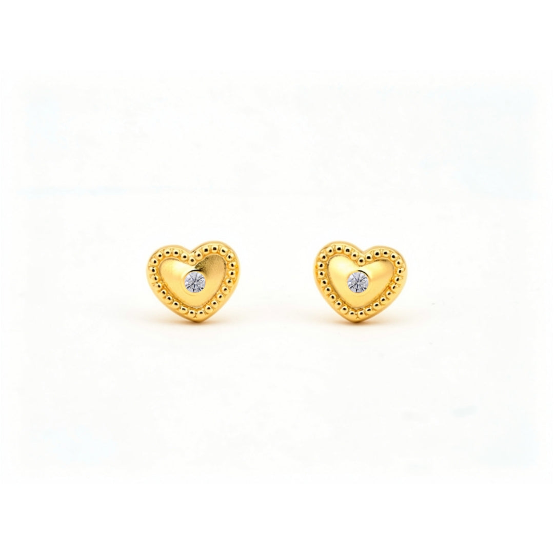 14K Gold Beaded Heart Stud Earrings with CZ and Screwback