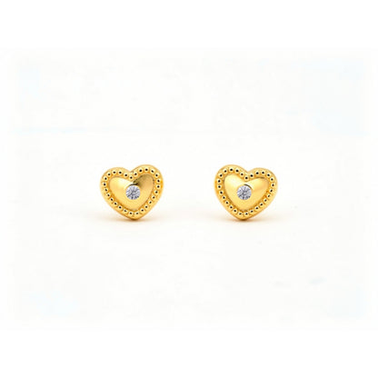14K Gold Beaded Heart Stud Earrings with CZ and Screwback