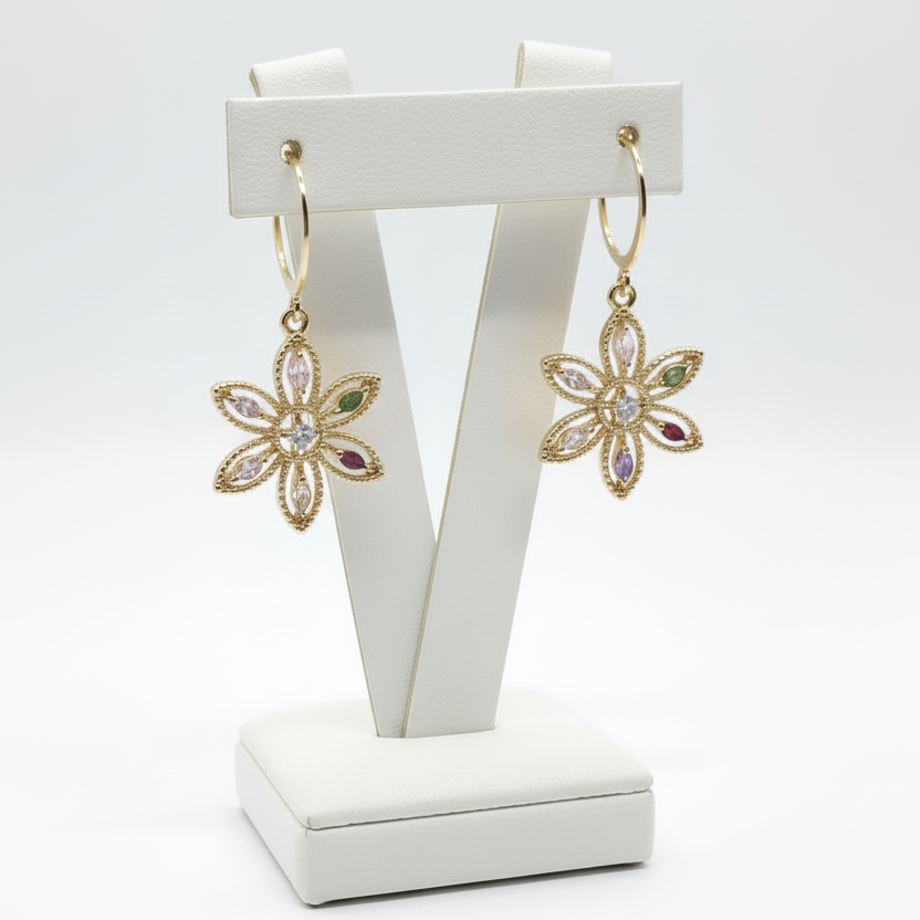 Gold Plated Surgical Steel Flower With Colored Stone Earring